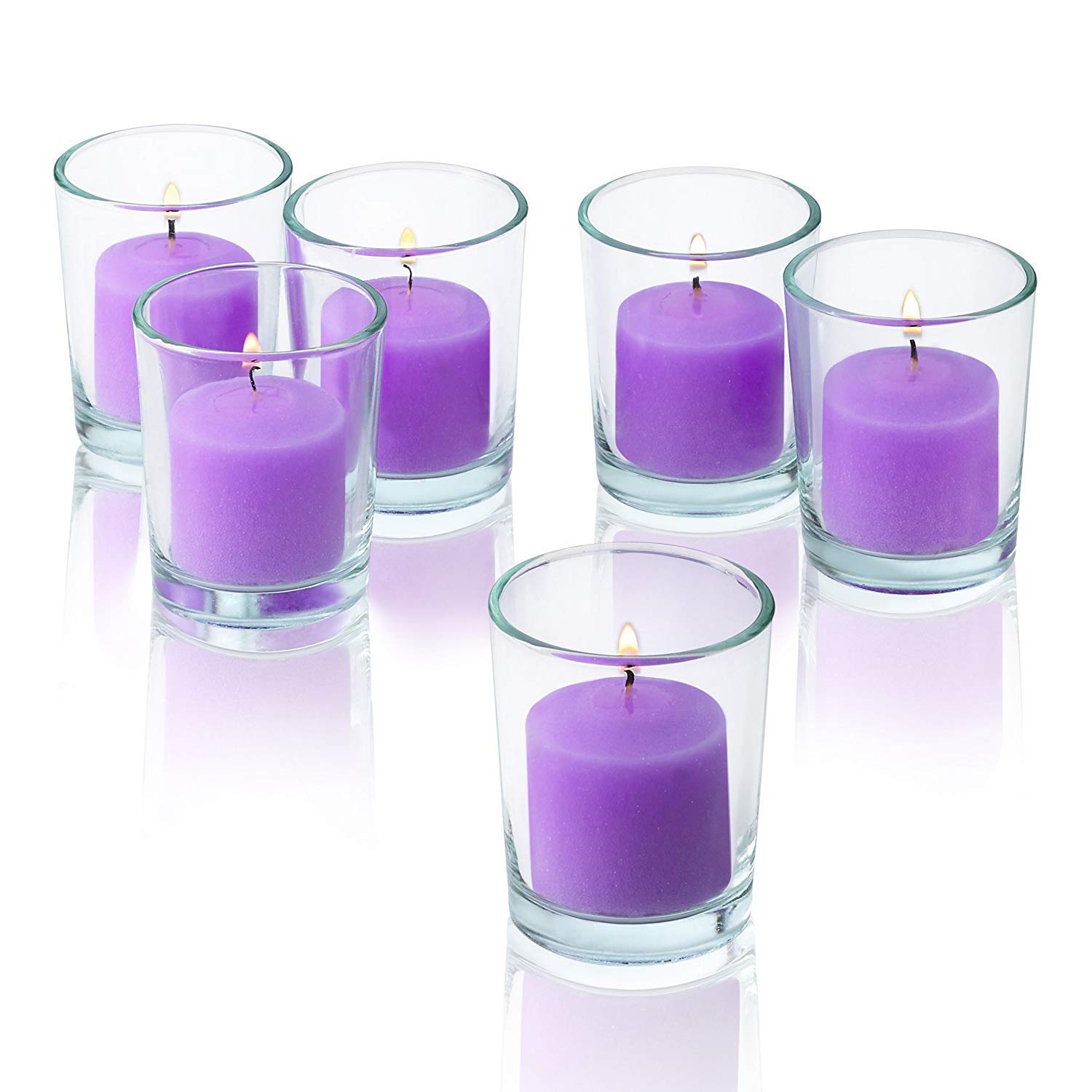 MOWIN Votive Candles Unscented Smokeless Wax Candles Set of 6 Votive Glass Candle Home Decor Small Candle 8-9 Hour (Purple Votiv